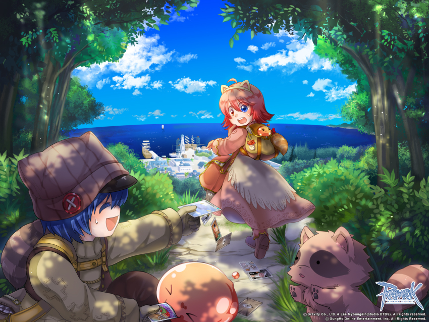 &gt;_&lt; 1boy 1girl :3 ahoge animal_ears archangeling backpack bag blue_eyes blush brown_gloves brown_headwear brown_shirt card cat_ears closed_eyes commentary_request fake_animal_ears full_body gloves grass heterochromia highres hodremlin holding holding_card horizon in-universe_location jacket jakk_(ragnarok_online) long_sleeves looking_at_another love_morocc merchant_(ragnarok_online) ocean official_art official_wallpaper ogretooth open_mouth outdoors pink_hair pink_jacket pink_skirt poring raccoon ragnarok_online red_bag red_eyes ship shirt short_hair shrug_(clothing) skirt slime_(creature) smile smokie_(ragnarok_online) spore_(ragnarok_online) teddy_bear_(ragnarok_online) town tree water watercraft