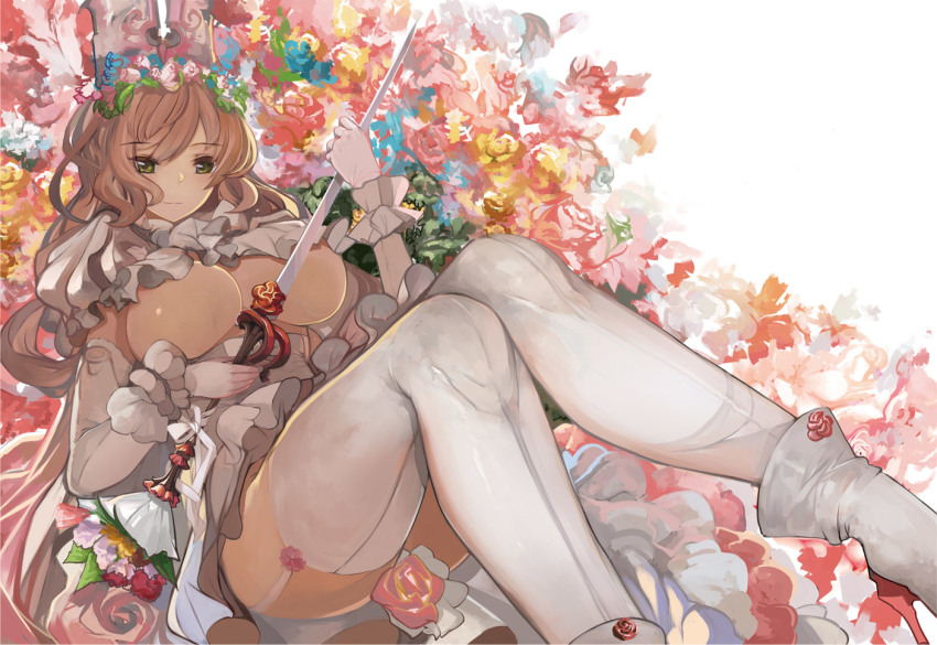 1girl bed_of_roses boots breasts brown_eyes brown_hair elbow_gloves female_focus flower garter_straps gloves hat head_wreath holding large_breasts long_hair looking_at_viewer matching_hair/eyes original pupps rose smile solo sword thighhighs underboob weapon white_gloves white_thighhighs
