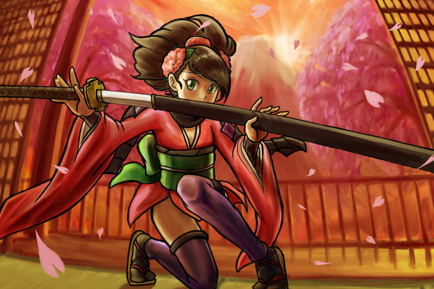 1girl brown_hair cherry_blossoms female_focus flower green_eyes hair_flower hair_ornament japanese_clothes kneeling matirine momohime oboro_muramasa on_one_knee petals sakura_petals sandals scabbard sheath solo sword thighhighs unsheathing weapon