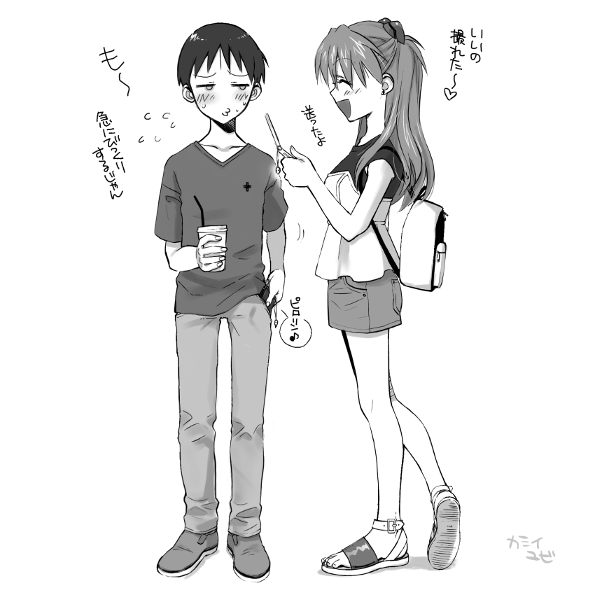 1boy 1girl closed_mouth full_body hair_between_eyes heart highres holding holding_phone ikari_shinji long_hair looking_at_another monochrome neon_genesis_evangelion open_mouth phone shirt short_hair short_sleeves smile souryuu_asuka_langley translation_request yubi_kamii