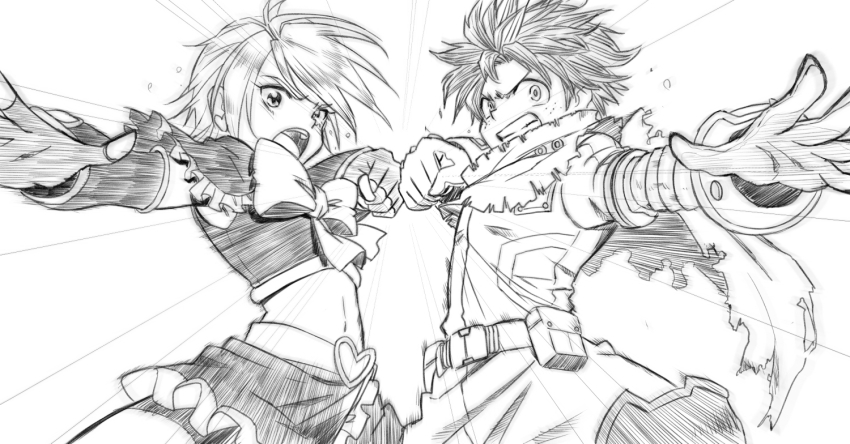 1boy 1girl arm_warmers bike_shorts bike_shorts_under_skirt black_arm_warmers black_gloves black_shirt black_skirt boku_no_hero_academia bow clenched_hands commentary_request crossover cure_black earrings fingerless_gloves freckles frilled_shirt frilled_skirt frills futari_wa_precure gloves greyscale heart heart_earrings jewelry jj_(ssspulse) looking_at_viewer midoriya_izuku midriff miniskirt misumi_nagisa monochrome navel open_mouth precure scarf serious shirt short_hair shorts shorts_under_skirt simple_background sketch skirt white_background