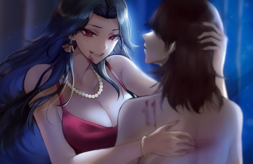 1boy 1girl bite_mark black_hair blood blood_from_mouth bracelet breasts brown_hair collarbone dark-skinned_female dark_skin dress earrings eyelashes fangs fingernails gold_bracelet highres jewelry large_breasts long_hair medium_hair mole mole_under_eye necklace nijisanji nijisanji_en parted_lips pearl_necklace red_dress red_eyes scarle_yonaguni scratching_back sharp_fingernails sleeveless sleeveless_dress tommy_(kingdukeee) upper_body vampire virtual_youtuber