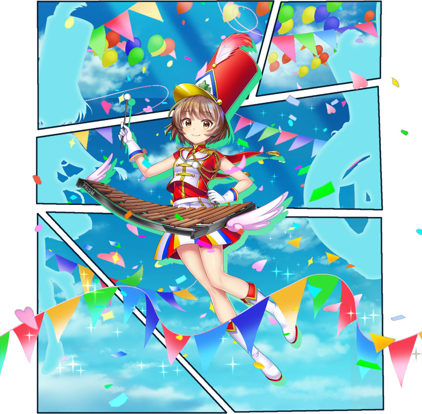 1girl alternate_costume balloon blue_skirt blue_sky boots brown_eyes brown_hair closed_mouth cloud confetti day epaulettes fringe_trim full_body game_cg gloves hat hat_feather hat_ornament highres holding instrument looking_at_viewer lunasa_prismriver lunasa_prismriver_(prism_march_baton) lyrica_prismriver lyrica_prismriver_(prism_march_xylophone) merlin_prismriver merlin_prismriver_(prism_march_sousaphone) multicolored_skirt official_art red_hat red_skirt rotte_(1109) shako_cap shirt shooting_star_hat_ornament short_hair short_sleeves silhouette skirt sky smile solo sparkle star_(symbol) star_hat_ornament star_print third-party_source touhou touhou_lostword transparent_background white_boots white_gloves white_shirt wings xylophone yellow_skirt