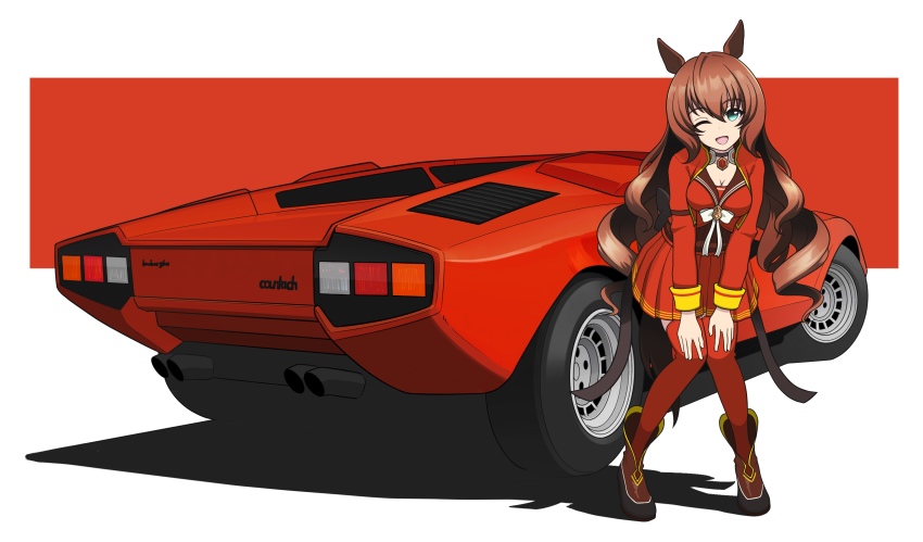 1girl ;d absurdres animal_ears aqua_eyes black_choker boots bow bowtie brown_boots brown_hair brown_sailor_collar choker closed_mouth cropped_jacket hands_on_own_knees highres horse_ears horse_girl horse_tail jacket jewelry kano_(nakanotakahiro1029) lamborghini_countach leaning_forward logo long_hair long_sleeves looking_at_viewer maruzensky_(umamusume) miniskirt one_eye_closed open_mouth pendant pleated_skirt red_jacket red_shirt red_skirt red_thighhighs sailor_collar shadow shirt skirt smile solo standing tail thigh_strap thighhighs umamusume wavy_hair white_bow white_bowtie