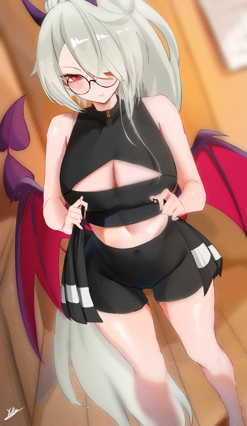 1girl absurdres bare_shoulders black_choker black_shorts blush breasts choker cleavage cleavage_cutout closed_mouth clothing_cutout commentary crop_top demon_girl demon_horns demon_tail demon_wings glasses grey_hair hair_over_one_eye highres horns large_breasts long_hair looking_down original red_eyes short_shorts shorts signature sleeveless solo standing tail very_long_hair wings yuka_1503
