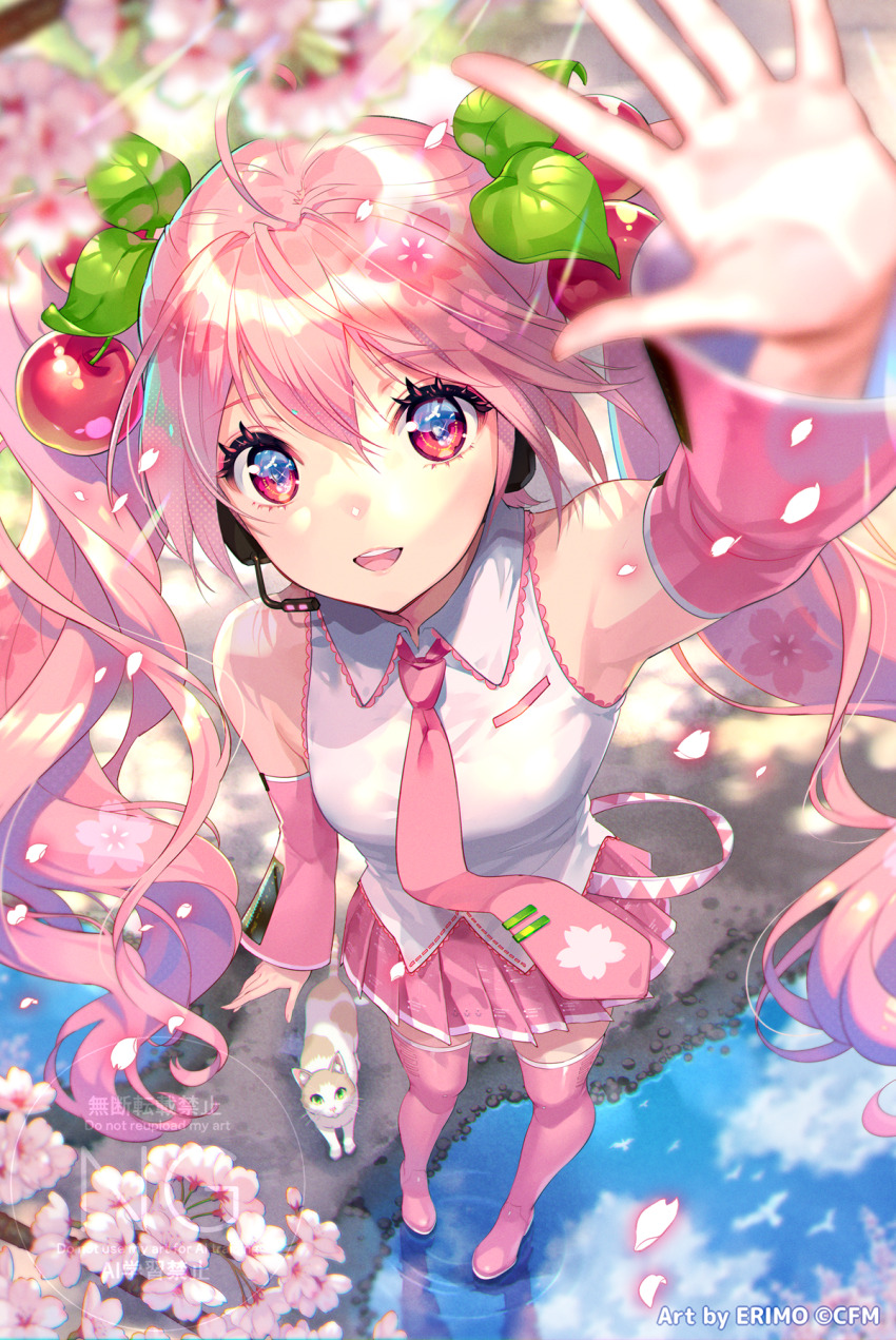 1girl :d ahoge animal arm_up bare_shoulders blurry blurry_foreground blush branch cat cherry_blossoms cherry_hair_ornament collared_shirt commentary_request depth_of_field detached_sleeves flower food-themed_hair_ornament green_eyes hair_between_eyes hair_ornament hatsune_miku highres long_hair long_sleeves looking_at_viewer necktie nishimura_eri open_mouth petals pink_flower pink_hair pink_necktie pink_skirt pink_sleeves pleated_skirt puddle red_eyes reflection sakura_miku shirt skirt sleeveless sleeveless_shirt smile solo standing tie_clip twintails very_long_hair vocaloid water watermark white_shirt