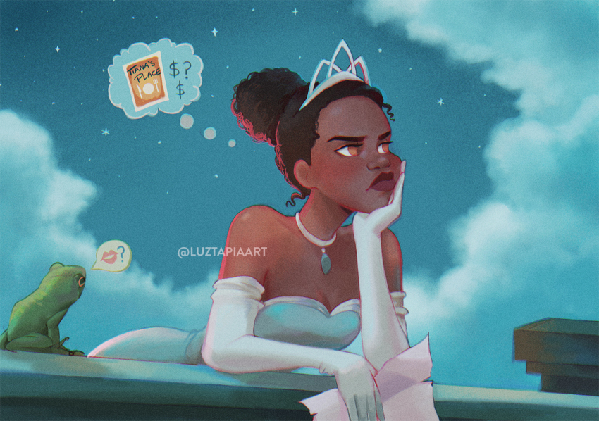 1girl artist_name bare_shoulders black_hair blue_dress brown_eyes cloud dress elbow_gloves frog gloves holding holding_paper luztapiaart night outdoors paper solo speech_bubble strapless strapless_dress the_princess_and_the_frog thought_bubble tiana_(the_princess_and_the_frog) tiara watermark white_gloves