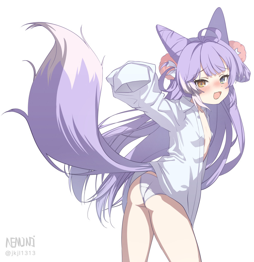 1girl absurdres animal_ears ass blush breasts fox_ears fox_girl fox_tail heterochromia highres long_hair n3moni panties purple_hair shirt sleeves_past_fingers sleeves_past_wrists small_breasts solo stellive tail tenko_shibuki underwear virtual_youtuber white_background white_panties