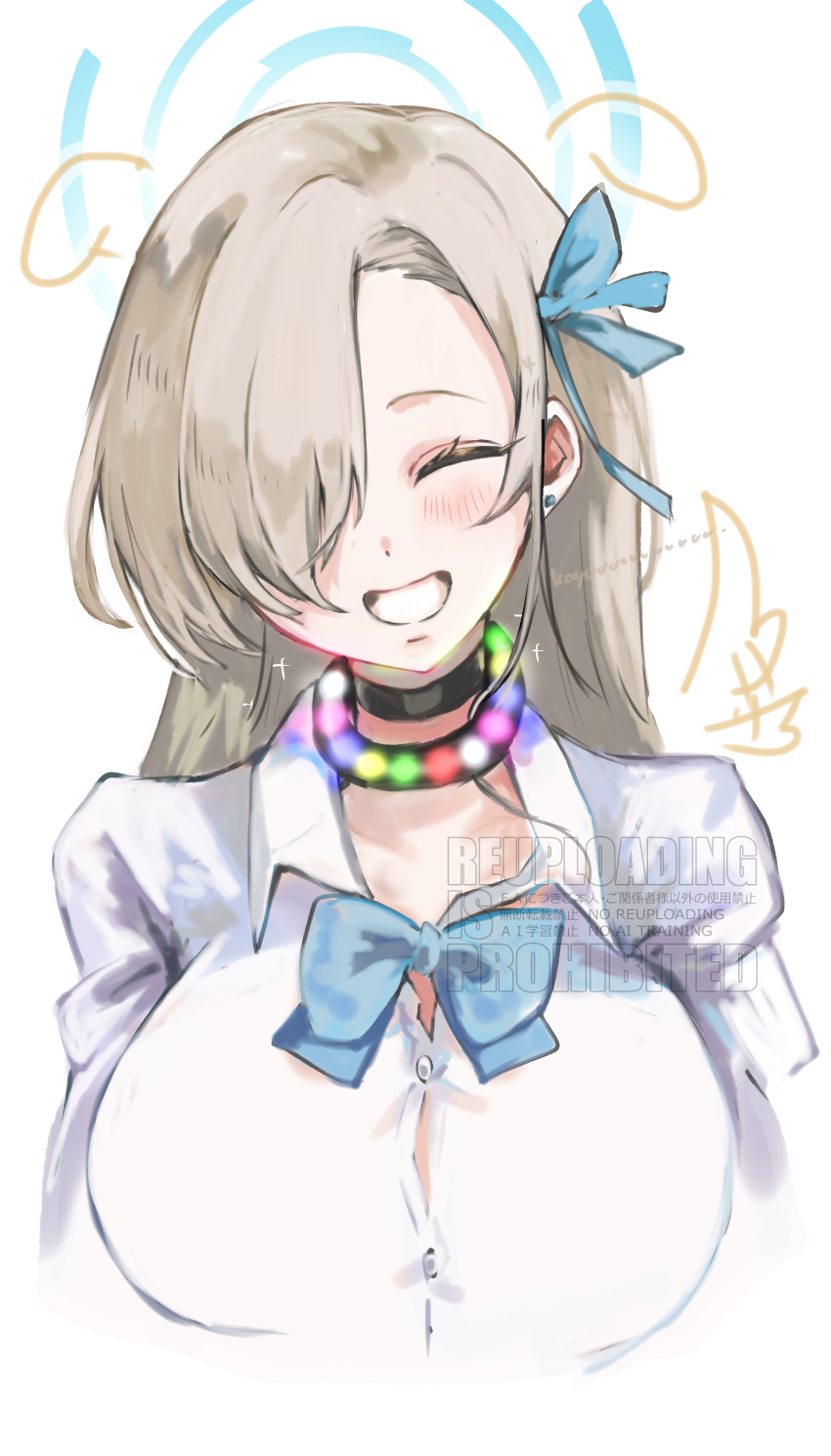 1girl absurdres asuna_(blue_archive) asuna_(school_uniform)_(blue_archive) black_choker blonde_hair blue_archive blue_bow blue_bowtie blue_ribbon blush bow bowtie choker closed_eyes commentary_request grin hair_over_one_eye hair_ribbon highres koyuuuuuuuuuuu long_hair looking_at_viewer partial_commentary ribbon shirt sidelocks smile upper_body white_shirt