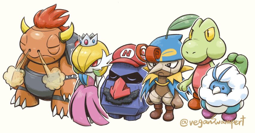 blonde_hair blue_headwear bowser bowser_(cosplay) clothed_pokemon cosplay creatures_(company) crown dress facial_hair game_freak gardevoir gen_3_pokemon geno_(mario) geno_(mario)_(cosplay) highres horns mallow_(mario) mallow_(mario)_(cosplay) mario mario_(cosplay) mario_(series) mega_gardevoir mega_pokemon mustache nintendo nosepass nuzleaf pink_dress pink_shoes pokemon pokemon_(creature) princess_peach princess_peach_(cosplay) red_eyes red_headwear shoes simple_background super_mario_rpg swablu torkoal treecko veganswampert white_background yellow_eyes yoshi yoshi_(cosplay)