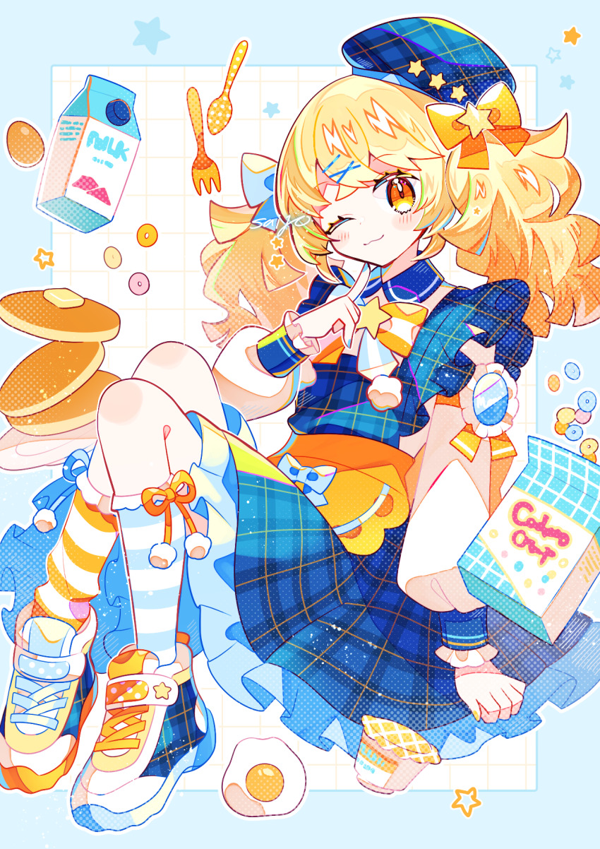1girl beret blonde_hair blue_dress blue_hat bow dress food frills hair_ornament hat highres long_hair long_sleeves looking_at_viewer milk_carton one_eye_closed original plaid saijo1201 shoes socks solo star_(symbol) striped_clothes striped_socks twintails