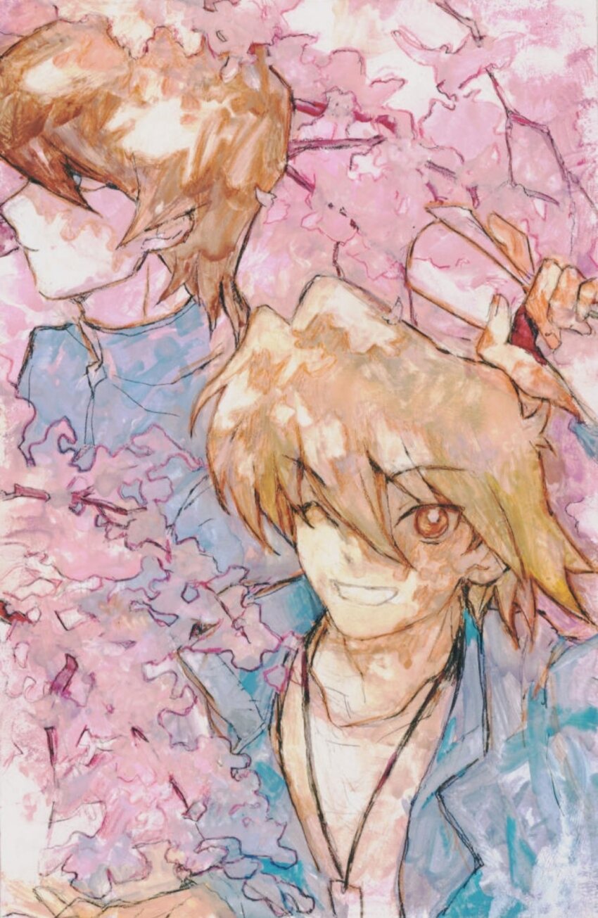 2boys arm_up blonde_hair blue_eyes blue_jacket bright_pupils brown_eyes brown_hair cherry_blossoms chinese_commentary commentary_request dappled_sunlight dog_tags domino_high_school_uniform expressionless facing_to_the_side grin highres holding holding_paper jacket jonouchi_katsuya kaiba_seto looking_at_viewer male_focus multiple_boys official_alternate_costume one_eye_closed open_clothes open_jacket paper school_uniform shirt short_hair smile standing sunlight suzuri513 upper_body white_shirt yu-gi-oh!