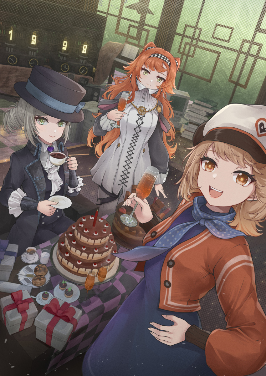 1999 3girls :d agiri_(agiri_box) ascot birthday_cake black_coat black_hat black_pants black_vest blue_dress blue_neckerchief boater_hat book book_stack box brown_hair newsboy_cap cake candle checkered_hairband coat collared_dress collared_shirt cookie cup dress drinking_glass food gift gift_box green_eyes grey_eyes grey_hair hair_bun hairband hand_on_own_hip hand_up hat high_collar highres holding holding_cup holding_saucer jacket long_hair long_sleeves looking_at_viewer multiple_girls neckerchief nixie_tube open_mouth orange_eyes orange_hair pants pants_under_dress picture_frame plate polka_dot_neckerchief puffy_long_sleeves puffy_sleeves red_jacket regulus_(reverse:1999) reverse:1999 saucer shirt short_dress short_hair single_side_bun sitting smile sonetto_(reverse:1999) standing table teacup teeth upper_body upper_teeth_only vertin_(reverse:1999) very_long_hair vest waistcoat white_ascot white_dress white_pants white_shirt window