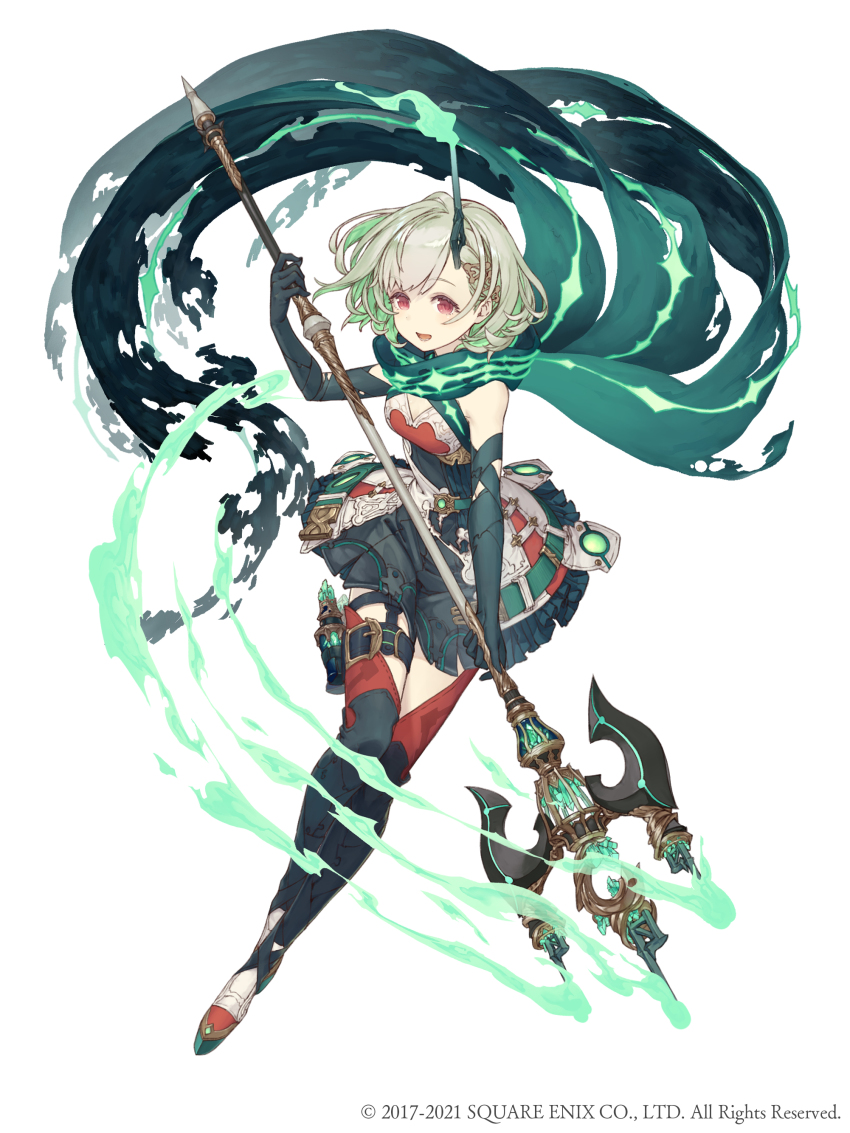 1girl :d absurdres boots breasts crystal dress elbow_gloves full_body gloves green_dress green_hair hair_ornament hairclip highres holding holding_polearm holding_spear holding_weapon horns ji_no little_match_girl_(sinoalice) looking_at_viewer official_art open_mouth polearm red_eyes scarf short_hair single_horn sinoalice small_breasts smile solo spear square_enix thigh_boots thighhighs weapon white_background