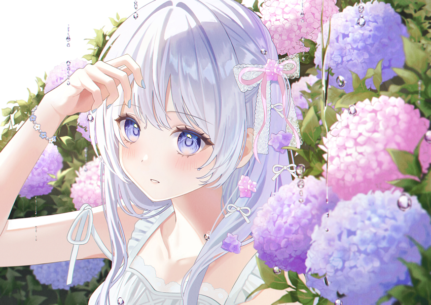 1girl absurdres arm_up bare_shoulders blue_eyes bracelet collarbone commentary dress english_commentary expressionless flower grey_hair hair_intakes half_updo highres hydrangea jewelry lace_bow long_hair looking_at_viewer original parted_lips plant portrait purple_flower purple_hair purple_nails ruruka_003 sidelocks sleeveless sleeveless_dress solo sundress water_drop white_dress