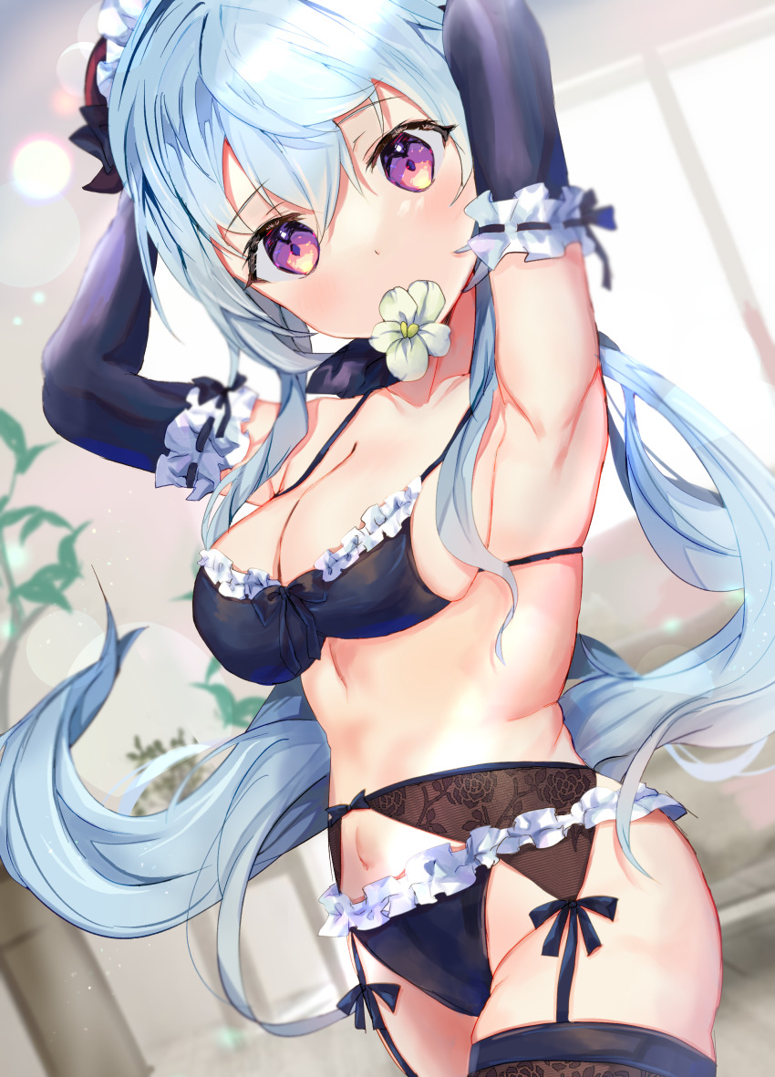 1girl absurdres adjusting_hair alternate_costume apron armpits arms_behind_head bare_shoulders black_bra black_legwear black_panties blunt_bangs blurry bra breasts cleavage collarbone commentary_request depth_of_field elbow_gloves enmaided flower flower_in_mouth ganyu_(genshin_impact) garter_belt genshin_impact gloves hair_between_eyes highres horns isuzu_(an_icy_cat) long_hair looking_at_viewer maid maid_apron mouth_hold navel panties purple_eyes qingxin_flower sidelocks solo stomach underwear