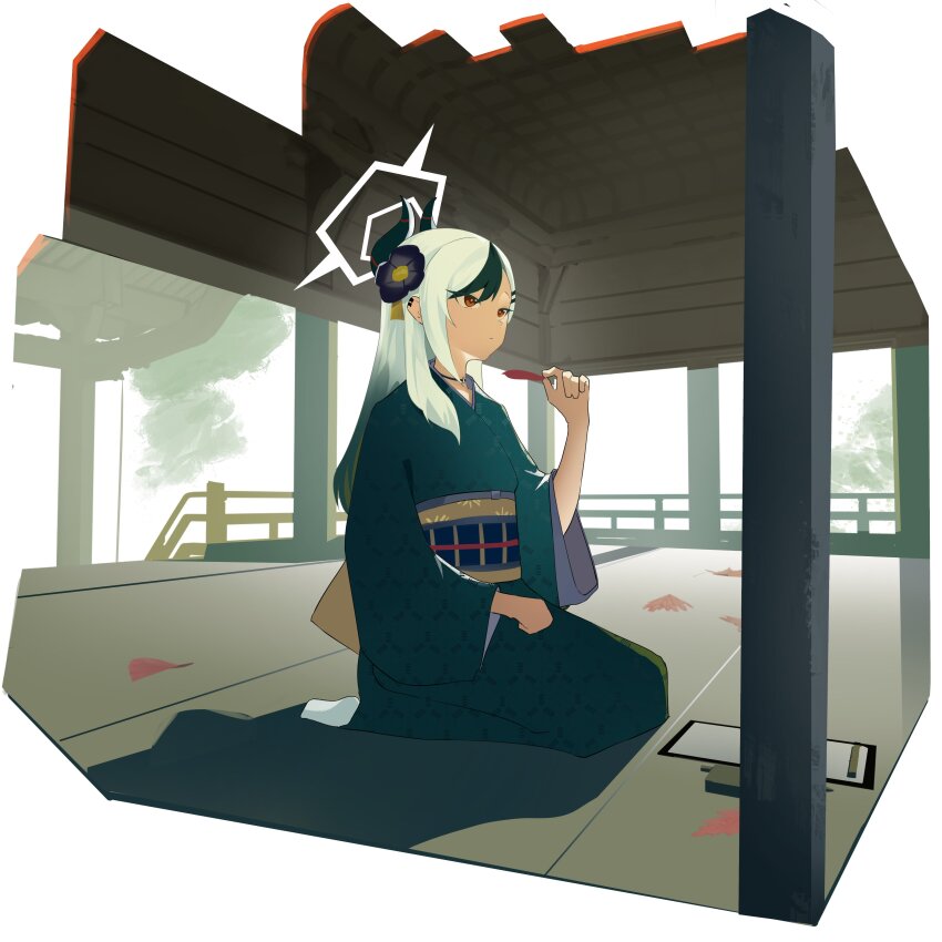 1girl absurdres architecture asymmetrical_bangs autumn_leaves black_choker black_flower black_hair black_horns black_kimono black_sash blue_archive breasts bright_pupils choker clenched_hand clipboard closed_mouth demon_horns dot_mouth earclip east_asian_architecture eyelashes flower full_body gradient_hair grey_halo hair_behind_ear hair_flower hair_ornament hairclip halo highres holding holding_leaf horns japanese_clothes kayoko_(blue_archive) kayoko_(new_year)_(blue_archive) kimono leaf long_hair long_sleeves multicolored_hair no_mole obi official_alternate_costume official_alternate_hairstyle outdoors perspective red_eyes sash seiza sitting small_breasts socks solo streaked_hair tatami temple toriko_(honmono) two-tone_hair unmoving_pattern white_background white_hair white_pupils white_socks wide_sleeves yellow_flower yellow_sash yukata
