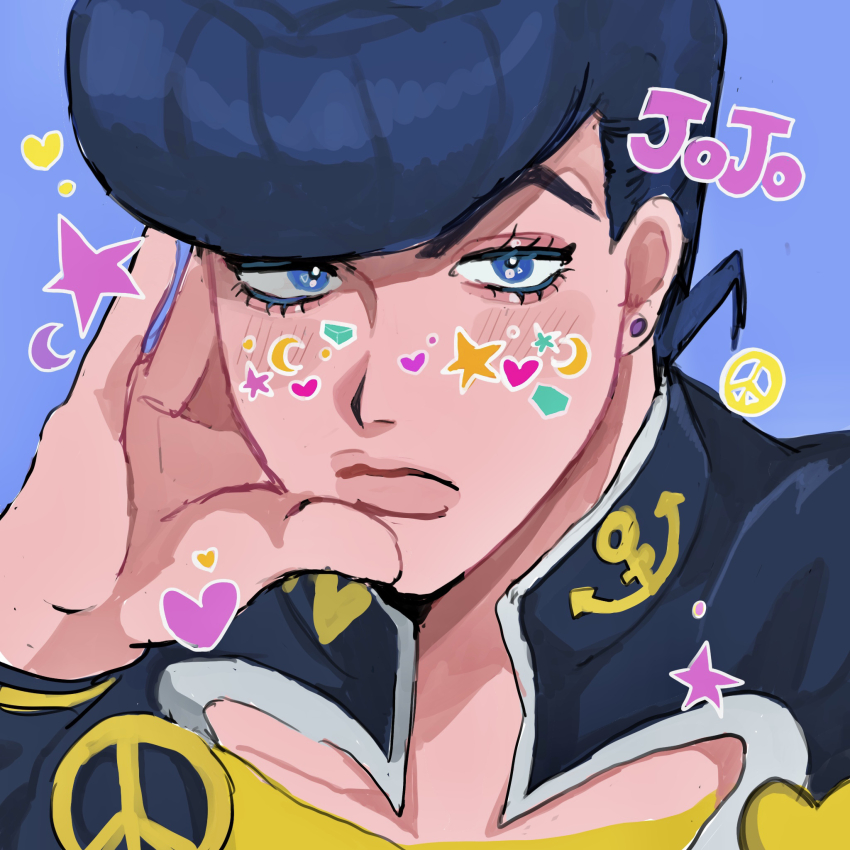 1boy anchor_ornament black_hair black_jacket blue_background blue_eyes blush character_name collared_jacket crescent diamond_wa_kudakenai gakuran hand_on_own_face heart heart_ornament higashikata_josuke highres jacket jojo_no_kimyou_na_bouken looking_at_viewer male_focus matubaru_chan partially_shaded_face peace_symbol pompadour portrait school_uniform shirt solo sticker yellow_shirt