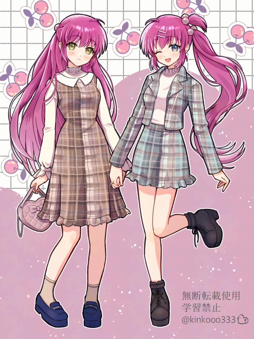 2girls ;d ahoge alternate_costume bag black_footwear blue_eyes blue_footwear blush boots brown_dress casual cherry_print commentary dress expressionless floating_hair food_print frilled_skirt frills fruit_print full_body futaki_kanata hair_ornament hairclip half_updo handbag happy highres holding_hands jacket little_busters! long_hair long_sleeves looking_at_viewer multiple_girls one_eye_closed one_side_up open_clothes open_jacket open_mouth piyo_(kinkooo333) plaid_clothes plaid_dress plaid_skirt purple_hair saigusa_haruka shirt siblings side_ponytail simple_background sisters skirt smile standing standing_on_one_leg twins twitter_username very_long_hair white_shirt yellow_eyes