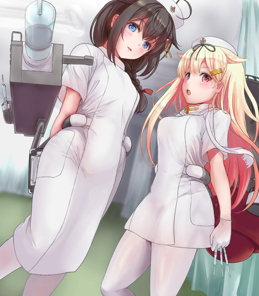 2girls ahoge black_ribbon blonde_hair blue_eyes blush braid brown_hair em_s hair_between_eyes hair_flaps hair_ornament hair_ribbon hairclip hat highres kantai_collection long_hair multiple_girls nurse nurse_cap open_mouth pantyhose red_eyes ribbon shigure_(kancolle) shigure_kai_ni_(kancolle) short_sleeves single_braid syringe white_headwear white_legwear yuudachi_(kancolle) yuudachi_kai_ni_(kancolle)