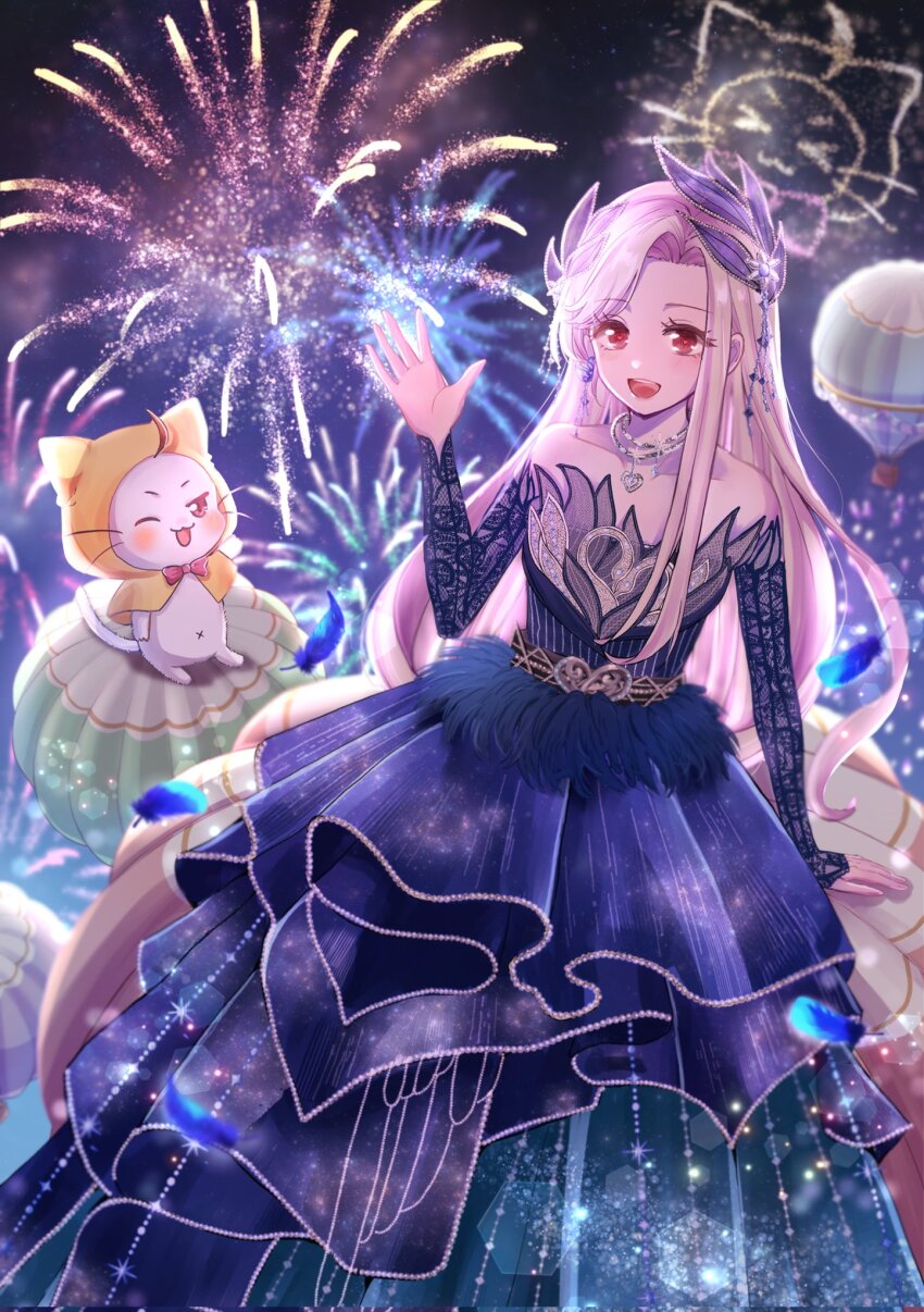 ahoge aircraft animal animal_print bare_shoulders bird bird_print blue_dress blue_sleeves bow bowtie brown_eyes cat cloak clothed_animal commentary_request detached_sleeves dress ear_covers earrings eyelashes fairytale_swan_(infinity_nikki) feather-trimmed_dress feather-trimmed_sleeves feather_hair_ornament feathers fireworks gown hair_ornament hand_up happy highres hood hood_up hooded_cloak hot_air_balloon infinity_nikki jewelry lace_sleeves long_hair long_sleeves looking_at_viewer momo_(nikki) necklace night night_sky nikki_(nikki) nikki_(series) official_alternate_color one_eye_closed outdoors red_bow red_bowtie single_sidelock sitting sky strapless strapless_dress swan traditional_bowtie very_long_hair white_cat white_hair yachi_(ryz9v) yellow_cloak