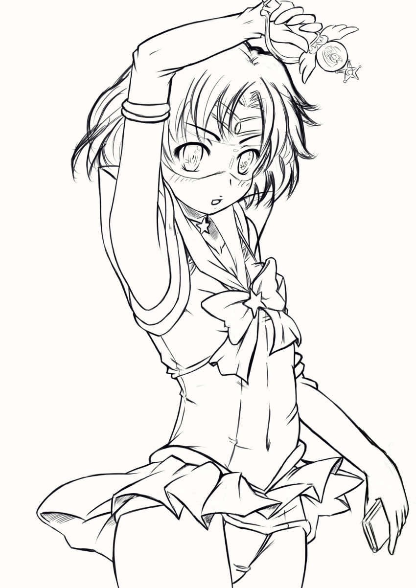 1990s_(style) 1girl absurdres armpits arms_up bishoujo_senshi_sailor_moon bishoujo_senshi_sailor_moon_stars brooch elbow_gloves female_focus gloves goggles greyscale highres jewelry k@non lineart magical_girl mizuno_ami monochrome panties pantyshot retro_artstyle sailor_mercury school_uniform serafuku solo star_brooch super_sailor_mercury_(stars) underwear wand