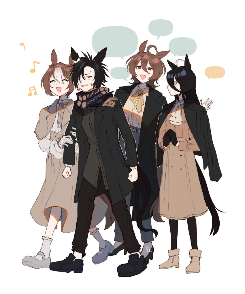 4girls :d absurdres agnes_tachyon_(umamusume) ahoge air_shakur_(umamusume) alternate_costume animal_ears ascot belt black_coat black_gloves black_hair black_pants black_pantyhose black_shoes black_tail blue_scarf brown_hair brown_tail buttons capelet clenched_hands closed_eyes closed_mouth coat collared_coat collared_shirt ear_ornament earrings expressionless eyebrow_piercing fine_motion_(umamusume) frilled_sleeves frills full_body gloves grey_footwear grey_pants grey_shirt hair_between_eyes high_heels highres holding_another&#039;s_arm horse_ears horse_girl jacket jacket_on_shoulders jewelry lip_piercing long_skirt long_sleeves manhattan_cafe_(umamusume) mary_janes medium_hair messy_hair mujintou_png multicolored_hair multiple_girls musical_note neck_ribbon open_clothes open_coat open_mouth own_hands_together pants pantyhose parted_bangs piercing plaid_clothes plaid_scarf red_eyes ribbon scarf shirt shoes short_hair sidelocks simple_background single_earring skirt smile socks speech_bubble spoken_musical_note streaked_hair sweatdrop two-tone_hair umamusume white_background white_gloves white_hair white_shirt white_socks yellow_eyes yellow_ribbon