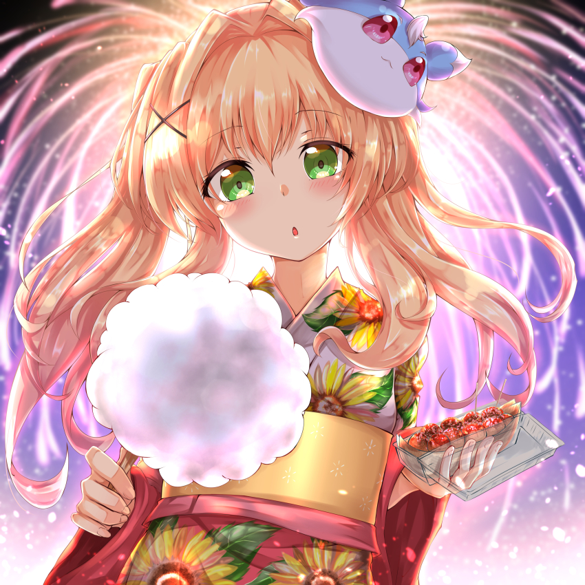 1girl absurdres backlighting blonde_hair blush candy chestnut_mouth commentary_request cotton_candy eyelashes eyes_visible_through_hair fireworks floating_hair floral_print food green_eyes hair_between_eyes hair_intakes hair_ornament head_tilt highres holding holding_candy holding_cotton_candy holding_food inari_(summer_pockets) incoming_food japanese_clothes kimono long_hair long_sleeves looking_at_viewer mask mask_on_head night open_mouth outdoors red_kimono sash shinonome_mozuku solo straight-on summer_pockets sunflower_print takoyaki tsumugi_wenders twintails wide_sleeves x_hair_ornament yellow_sash yukata