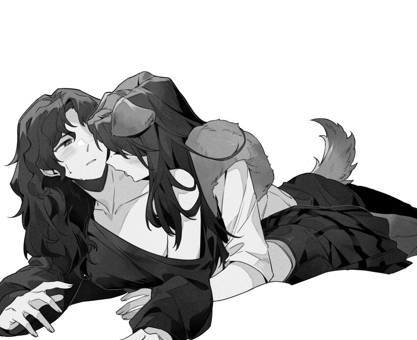 2girls akechi_(826988799) animal_ears blush character_request collarbone commentary_request dog_ears dog_girl dog_tail greyscale highres k-pop kemonomimi_mode korean_commentary licking licking_another&#039;s_neck long_hair long_sleeves lying lying_on_person monochrome multiple_girls on_stomach parted_lips pleated_skirt real_life single_off_shoulder skirt sweat tail yuri