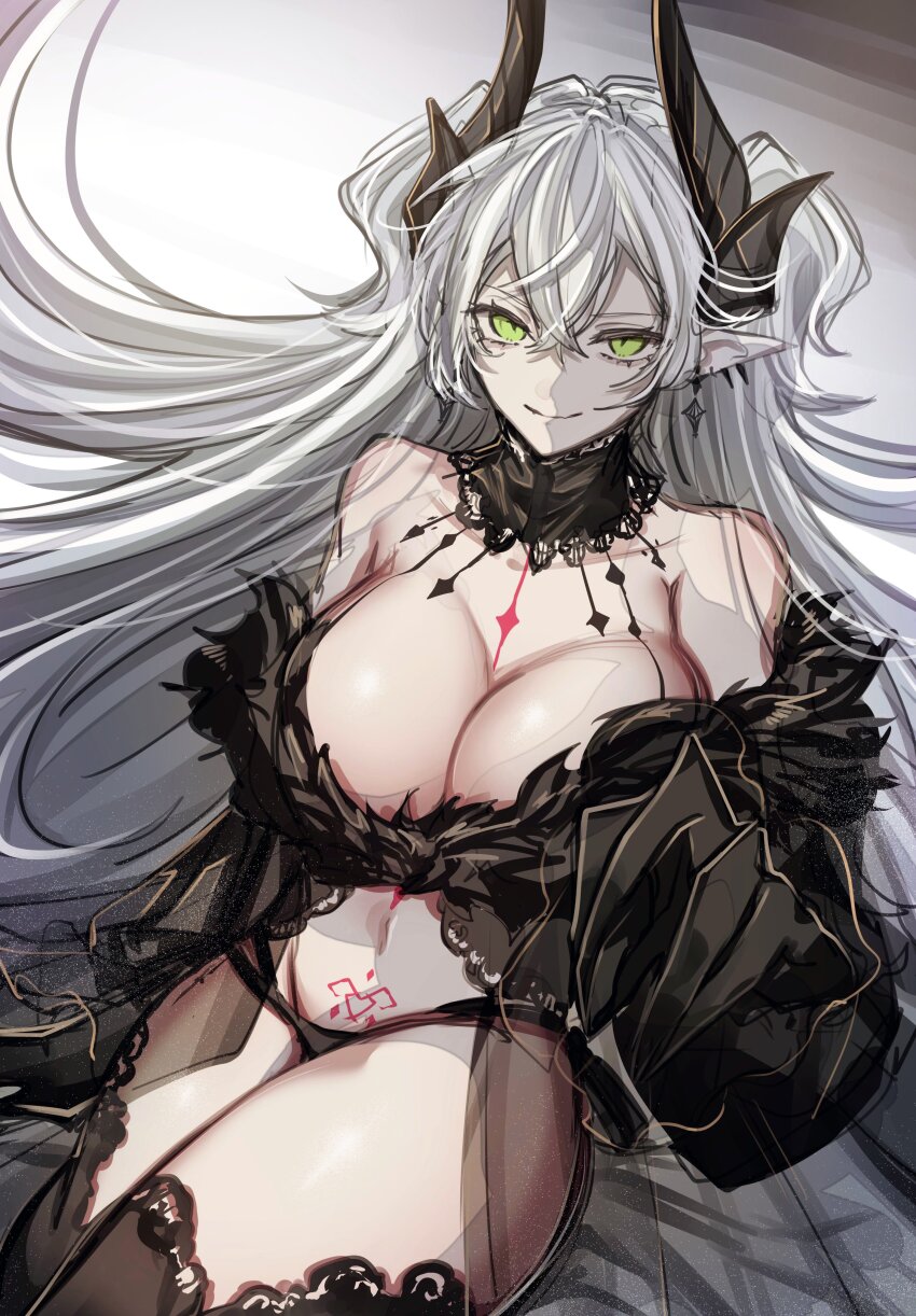 1girl absurdres black_panties breasts commentary demon_girl demon_horns english_commentary fate/grand_order fate_(series) green_eyes grey_hair highres horns large_breasts lilith_(fate) lilith_(third_ascension)_(fate) long_hair panties reaching reaching_towards_viewer sitting skeletal_hand solo thighs umihotasan underwear very_long_hair