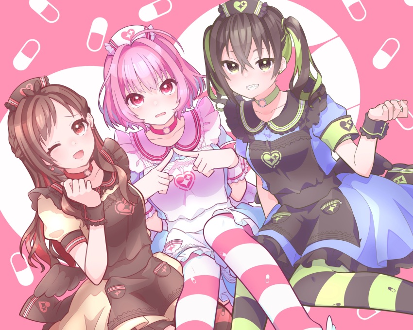 #unicus_(idolmaster) 3girls ;d ahoge antenna_hair apron black_apron black_hair blue_hair breasts brown_hair choker dress green_hair grin hair_intakes half_updo hat heart heart_background heart_print highres idolmaster idolmaster_cinderella_girls looking_at_viewer medium_breasts mole mole_under_eye multicolored_hair multiple_girls nurse nurse_cap o-ring o-ring_choker one_eye_closed open_mouth own_hands_together pill_background pill_print pinafore_dress pink_hair short_hair sleeveless sleeveless_dress smile streaked_hair striped_clothes striped_thighhighs sunazuka_akira thighhighs tsujino_akari twintails two-tone_hair uduki_scarlet_rabbit white_apron wrist_cuffs yumemi_riamu