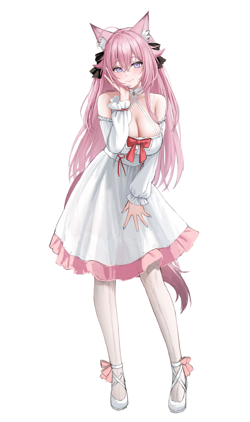 1girl absurdres ahoge animal_ear_fluff animal_ears bare_shoulders blue_eyes bow breasts cat_ears cat_girl cat_tail cleavage contrapposto dress dress_bow full_body highres keine09 large_breasts long_hair original pink_hair red_bow shoes simple_background smile standing tail white_background white_dress white_shoes