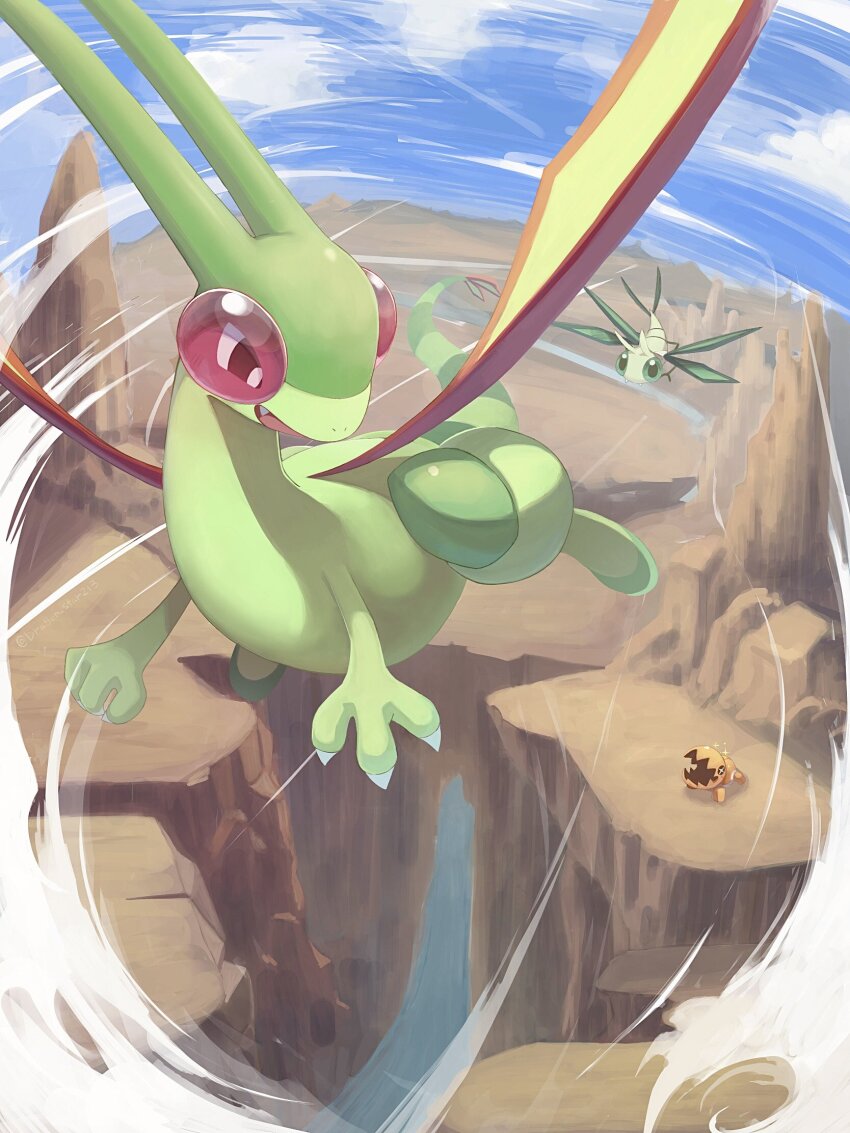 black_eyes blue_sky canyon claws cloud commentary desert dragon dragon_star213 evolutionary_line fangs flygon flying gen_3_pokemon green_wings highres insect_wings looking_at_another looking_down nintendo no_humans open_mouth outdoors pokemon pokemon_(creature) river sky smile standing tail trapinch vibrava wind wings