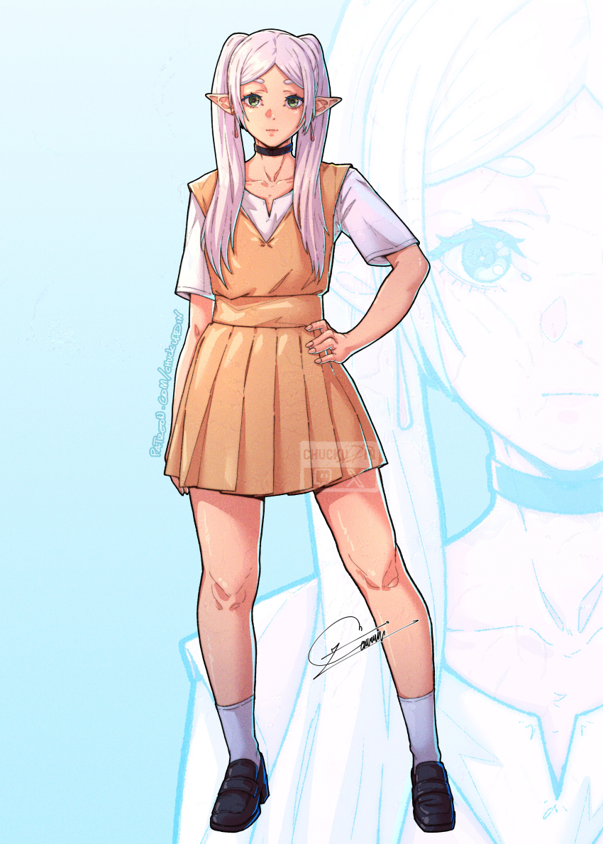 1girl absurdres black_choker black_shoes choker chuckuddin collarbone commentary contemporary dress earrings elf frieren full_body hand_on_own_hip highres jewelry loafers long_hair pointy_ears shoes signature socks solo sousou_no_frieren standing twintails white_hair white_socks yellow_dress zoom_layer