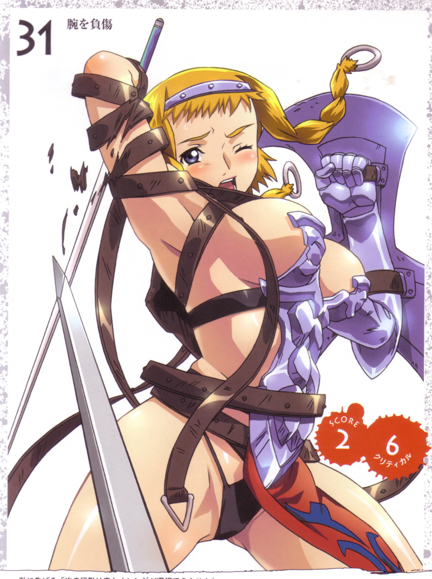 1girl absurdres armor artbook blonde_hair blush boots braid buckle curvy exiled_warrior_leina female_focus fighting hairband highres hisayuki_hirokazu jumping leina_(queen&#039;s_blade) looking_at_viewer moaning official_art partially_visible_vulva queen&#039;s_blade queen&#039;s_blade_lost_worlds revealing_clothes scan shield shiny_skin solo spread_legs sweat sword thong weapon