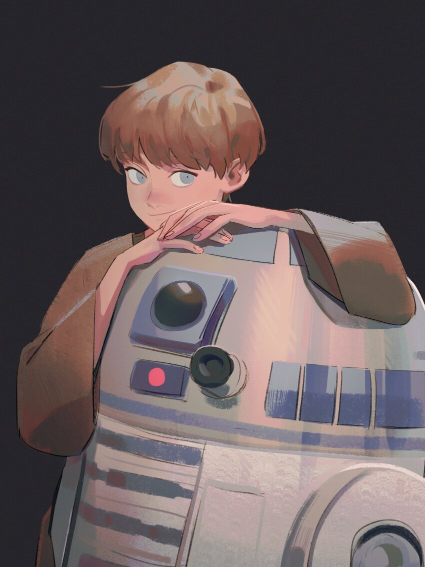 1boy anakin_skywalker armor blue_eyes brown_hair brown_pants brown_shirt child closed_mouth commentary fingernails grey_background highres long_sleeves looking_at_viewer male_focus pants papaya_mm r2-d2 robot shirt short_hair simple_background smile solo standing star_wars star_wars:_the_phantom_menace symbol-only_commentary white_armor wide_sleeves