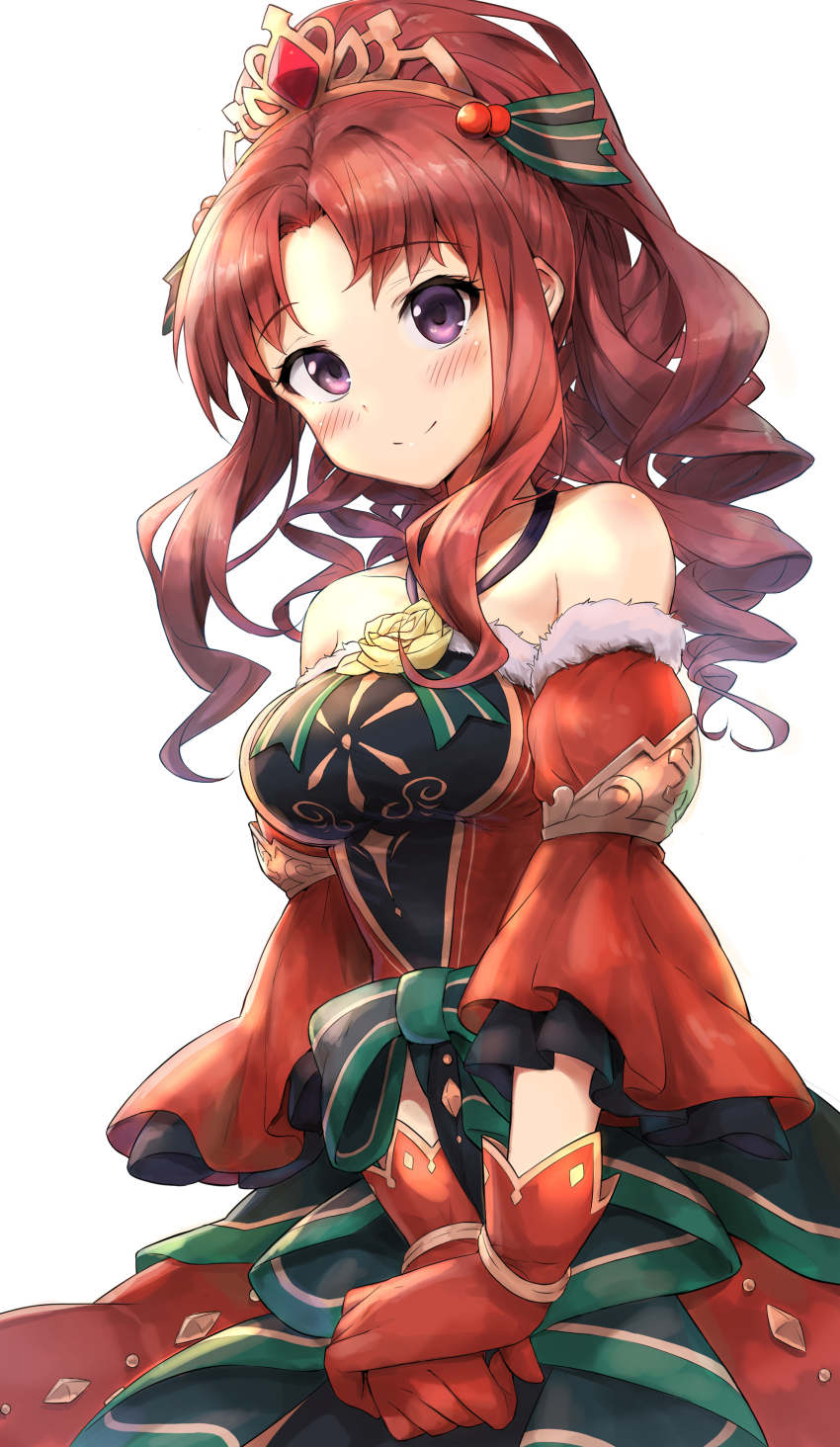1girl absurdres akino_(christmas)_(princess_connect!) akino_(princess_connect!) bare_shoulders blush bow breasts clenched_hand closed_mouth cowboy_shot detached_sleeves dress dress_bow dress_flower drill_hair flower fur-trimmed_dress fur-trimmed_sleeves fur_trim gloves hair_ornament halterneck high_ponytail highres layered_sleeves long_hair medium_breasts multicolored_dress off-shoulder_dress off_shoulder own_hands_together parted_bangs ponytail princess_connect! purple_eyes red_gloves red_hair red_sleeves rose shuucream_(syuichi) sidelocks simple_background smile solo striped_bow tiara white_background wide_sleeves yellow_flower yellow_rose