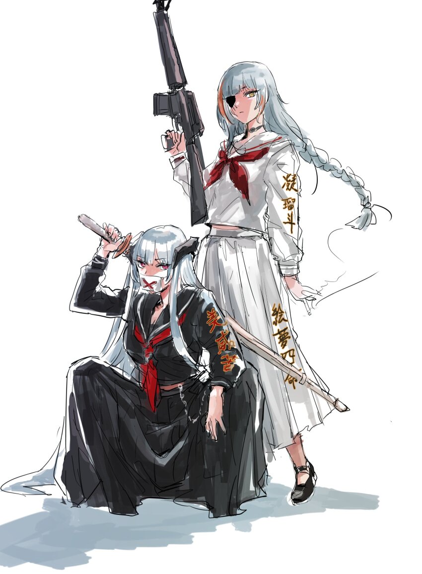 2girls alternate_costume arm_at_side assault_rifle beak_(girls&#039;_frontline) black_choker black_sailor_collar black_serafuku black_shirt black_skirt choker cigarette closed_mouth clothes_writing commentary_request covered_mouth delinquent eyepatch floating_hair full_body girls&#039;_frontline grey_hair gun highres holding holding_cigarette holding_gun holding_sword holding_weapon horns long_hair long_skirt long_sleeves low-braided_long_hair low-tied_long_hair m16 m16a1_(boss)_(girls&#039;_frontline) m16a1_(girls&#039;_frontline) mask mouth_mask multicolored_hair multiple_girls orange_hair osakana_(denpa_yun&#039;yun) over_shoulder red_eyes rifle sailor_collar school_uniform serafuku shinai shirt simple_background skirt spread_legs squatting standing streaked_hair sukeban sword weapon weapon_over_shoulder white_background white_sailor_collar white_serafuku white_shirt white_skirt yellow_eyes