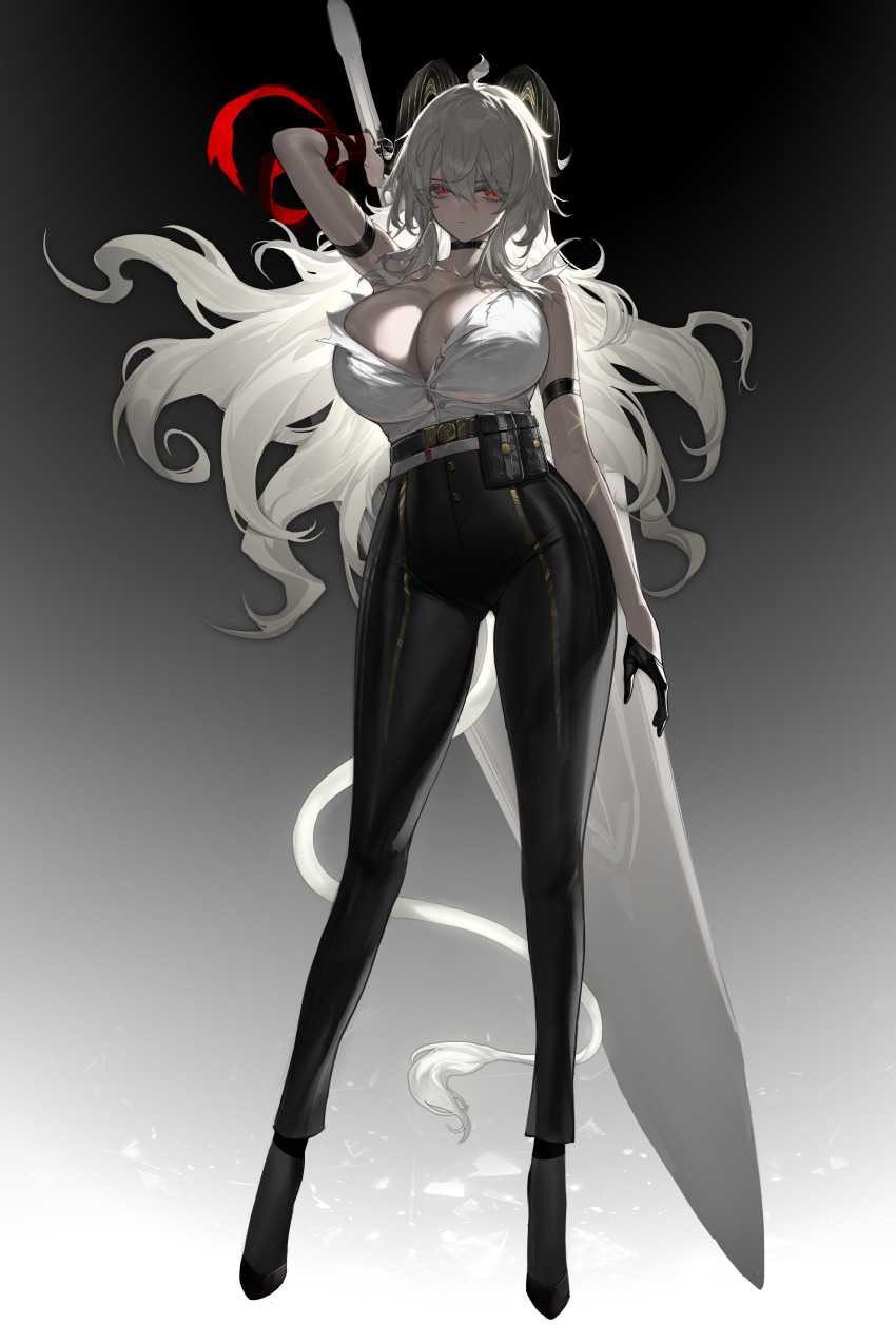 1girl absurdres arm_strap arm_up bare_shoulders black_choker black_gloves black_horns black_pants black_shoes breasts choker closed_mouth collarbone commentary curled_horns earrings full_body gloves gradient_background greatsword hair_between_eyes high-waist_pants highres holding holding_behind_back holding_sword holding_sword_behind_back holding_weapon holding_weapon_behind_back horns horz jewelry key_earrings large_breasts long_hair looking_at_viewer necktie necktie_around_wrists pants red_eyes red_necktie shirt shoes solo sword tail tight_clothes tight_pants torn_clothes torn_shirt very_long_hair weapon white_hair white_shirt wuthering_waves zani_(wuthering_waves)