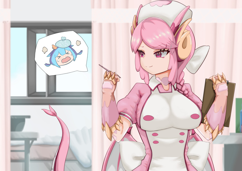 &gt;_&lt; 2girls arms_up blush braid breasts clinic closed_eyes closed_mouth curtains desk dragon_girl dragon_horns dragon_tail dragon_wings duel_monster hat highres holding holding_pen horns ice_pack large_breasts laundry_dragonmaid looking_to_the_side multiple_girls nurse nurse_cap nurse_dragonmaid open_mouth pen pink_eyes pink_hair short_hair short_sleeves sick side_braid smile tail wings yu-gi-oh! zerohuan