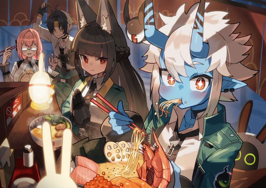 +_+ 1boy 3girls absurdres ahoge animal_ear_fluff animal_ears aqua_jacket arm_up asaba_harumasa bandana bangboo_(zenless_zone_zero) black-framed_eyewear black_hair black_necktie blue_oni blue_skin blunt_bangs blurry blurry_background blush bowl braid breast_pocket breasts bright_pupils choker chopsticks closed_mouth clothes_around_waist collarbone collared_shirt colored_skin commentary_request counter ear_piercing eating eous_(zenless_zone_zero) food food_in_mouth food_on_face food_request fox_ears glasses hair_between_eyes half_up_braid hands_up headband highres hime_cut holding holding_bowl holding_chopsticks horns hoshimi_miyabi jacket katsu_(katsupainter) large_breasts long_hair long_sleeves looking_at_viewer lotus_root luckyboo_(zenless_zone_zero) multiple_girls mushroom napkin napkin_holder necktie no_smoking noodles noren nori_(seaweed) oni opaque_glasses open_clothes open_jacket open_mouth orange_bandana own_hands_together parted_bangs piercing pink_hair plate pocket pointy_ears praying red_eyes salt_shaker semi-rimless_eyewear shiitake shirt short_eyebrows short_hair sidelocks single_braid skin-covered_horns smile soukaku_(zenless_zone_zero) steam sweatdrop tsukishiro_yanagi under-rim_eyewear v-shaped_eyebrows white_hair white_pupils white_shirt wing_collar yellow_eyes yellow_headband zenless_zone_zero zipper