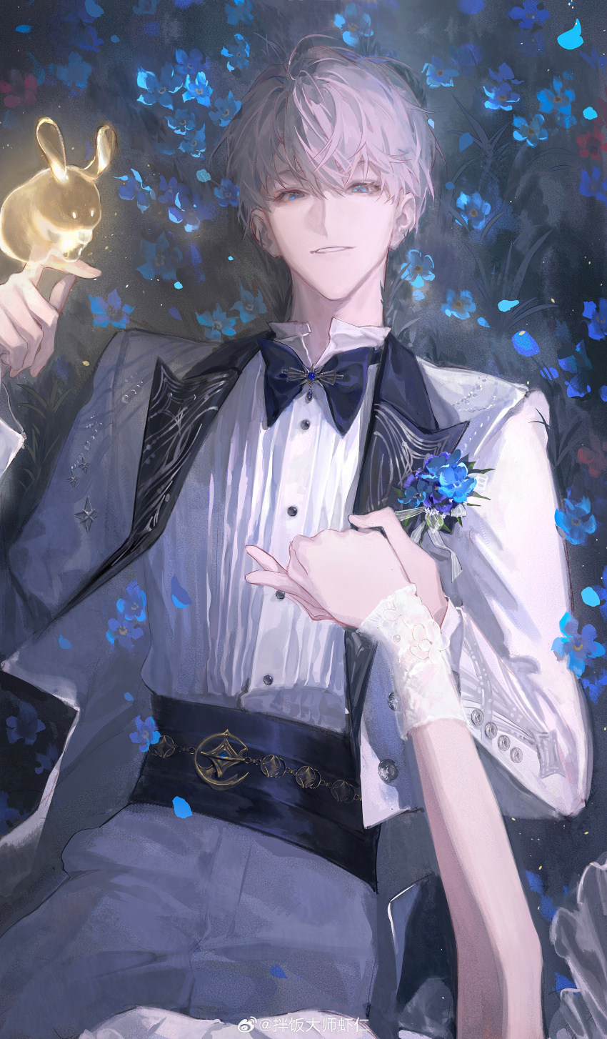 1boy absurdres aqua_eyes banfan_dashi_xiaren black_bow black_bowtie black_collar blue_flower bow bowtie collar collared_jacket cowboy_shot dress_shirt eyes_visible_through_hair female_pov flower forget-me-not_(flower) grey_hair grey_jacket grey_pants hair_over_eyes highres jacket looking_at_viewer love_and_deepspace male_focus on_grass pants parted_lips pov shirt short_hair suit_jacket teeth watermark weibo_watermark xavier_(love_and_deepspace)