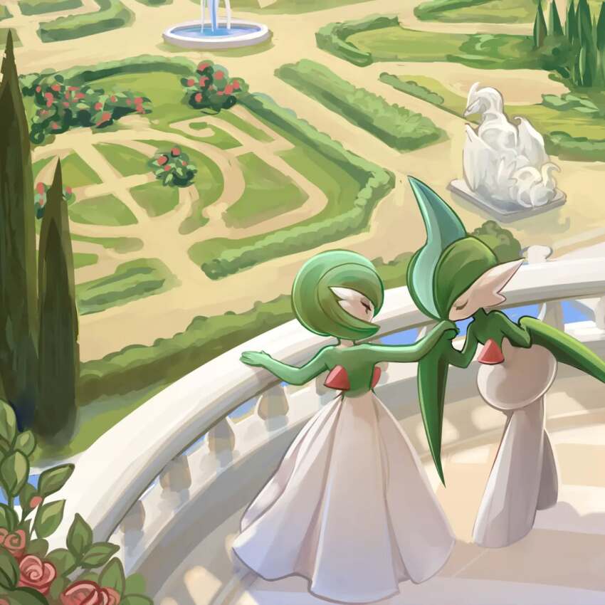 balcony bob_cut closed_eyes colored_skin dress fountain gallade garden gardevoir gen_3_pokemon gen_4_pokemon gen_5_pokemon green_hair green_skin highres legendary_pokemon momo-deary multicolored_skin nintendo pokemon pokemon_(creature) pokemon_xy reshiram second-party_source statue tree two-tone_skin white_dress white_skin