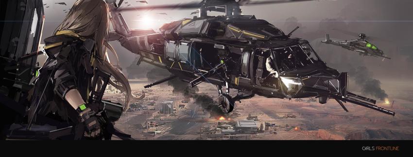 1girl ah-64_apache aircraft airplane attack_helicopter b-2_spirit bad_id bad_twitter_id bomber burning fighter_jet fingerless_gloves flying_wing from_behind girls&#039;_frontline gloves grey_sky gun gunship h&amp;k_ump heavy_bomber heckler_&amp;_koch helicopter helicopter_gunship highres machine_gun military military_operator military_vehicle penetrator_(aircraft) renatus.z scenery sky stealth stealth_aircraft stealth_bomber strategic_bomber submachine_gun uh-60_blackhawk ump45_(girls&#039;_frontline) vehicle_focus war watch weapon wristwatch