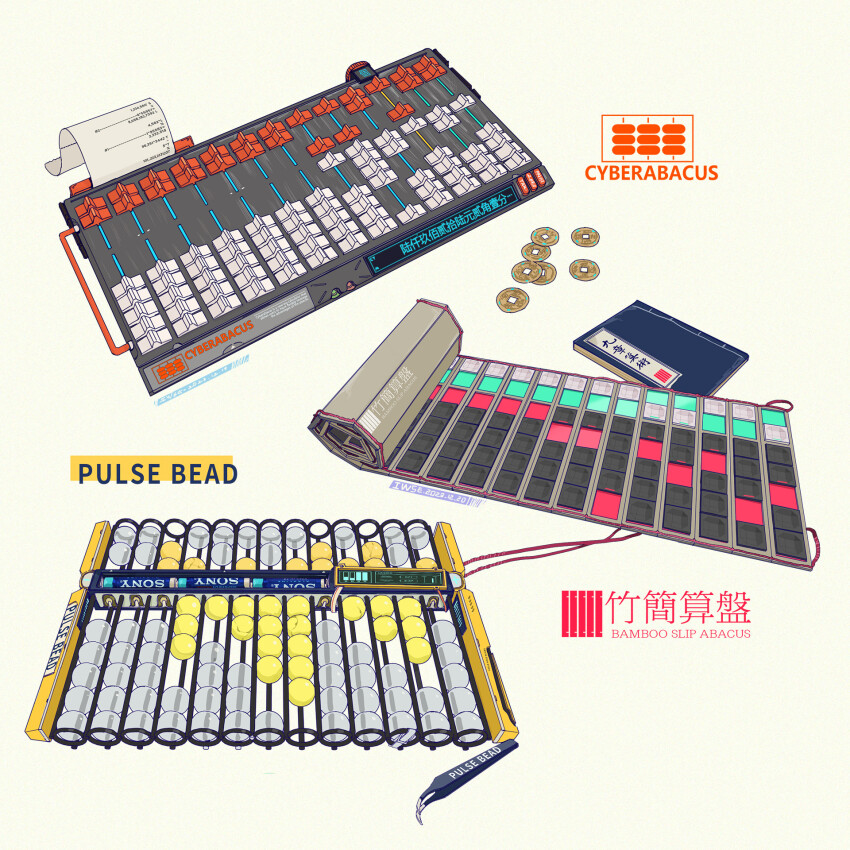 abacus artist_name battery book chinese_text coin dated english_text highres holed_coin iwse_zhang mixed-language_text no_humans original receipt signature simple_background sony still_life translation_request white_background