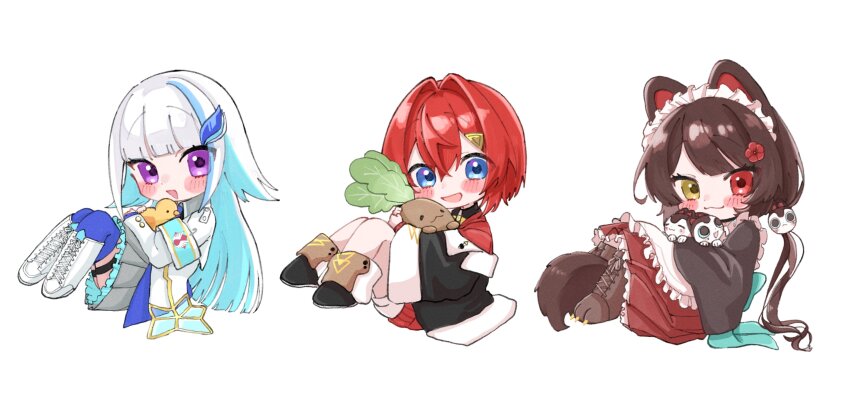 3girls 3znk :3 :d absurdres ange_katrina ange_katrina_(1st_costume) animal animal_ears animal_hair_ornament apron armband banken_(inui_toko) between_legs bird black_boots black_coat blue_armband blue_eyes blue_hair blue_thighhighs blunt_bangs blush_stickers boots brown_boots brown_hair brown_kimono brown_tail cardigan clawed_boots coat colored_inner_hair commentary_request creature crossed_bangs deformed dog_ears dog_girl dog_tail dot_nose dress flower frilled_apron frilled_skirt frills grey_skirt hair_between_eyes hair_flower hair_intakes hair_ornament heterochromia highres holding holding_animal holding_bird holding_creature inui_toko inui_toko_(1st_costume) jacket japanese_clothes kimono knees_up lace-up_boots lize_helesta lize_helesta_(1st_costume) long_bangs long_hair long_skirt long_sleeves looking_at_viewer low_twintails maid_headdress mandragora mandragora_(ange_katrina) miniskirt multicolored_hair multiple_girls nijisanji off_shoulder open_mouth pleated_skirt purple_eyes red_cardigan red_eyes red_hair red_skirt sanbaka_(nijisanji) sebastian_piyodore short_dress short_hair sidelocks simple_background sitting skirt smile streaked_hair swept_bangs tail tail_between_legs thigh_strap thighhighs triangle_hair_ornament twintails two-tone_hair very_long_hair virtual_youtuber waist_apron white_apron white_background white_boots white_dress white_hair white_headdress white_jacket yellow_bird yellow_eyes