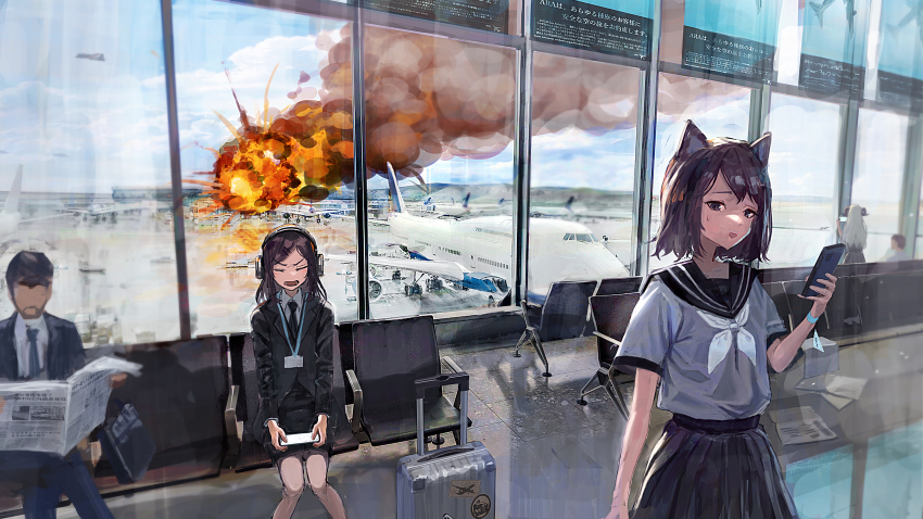 2boys 3girls absurdres aircraft airplane airport animal_ear_fluff animal_ears bag beard black_bag black_eyes black_jacket black_necktie black_sailor_collar black_skirt bomber brown_hair business_suit cellphone chair closed_eyes collared_shirt day enokara explosion facial_hair formal_clothes fox_ears grey_shirt headphones highres holding holding_newspaper holding_phone horns indoors jacket jet_airliner lanyard long_hair long_sleeves looking_at_viewer military_vehicle multiple_boys multiple_girls neckerchief necktie newspaper office_lady open_mouth original phone pleated_skirt rolling_suitcase sailor_collar salaryman school_uniform serafuku shirt short_hair short_sleeves sitting skirt smartphone suit suit_jacket suitcase vehicle_request white_hair white_neckerchief white_shirt window