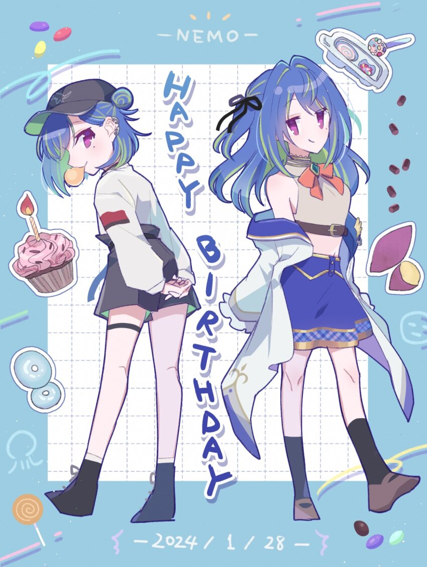 1girl arms_behind_back baseball_cap belt black_belt black_footwear black_headwear black_ribbon black_shorts black_socks blue_brooch blue_hair blue_skirt boots bow bowtie breasts brown_belt brown_footwear blowing_bubbles candle candy chest_belt chewing_gum closed_mouth coat crop_top cupcake double_bun food frilled_sleeves frills full_body green_hair hair_between_eyes hair_bun hair_intakes hair_ribbon happy_birthday hat highres kuzuhana lollipop long_hair long_sleeves looking_at_viewer mary_janes midriff mole mole_under_eye multicolored_hair nanashi_inc. official_alternate_costume open_clothes open_coat orange_bow orange_bowtie pink_eyes plaid_trim ribbon shoes short_hair shorts skirt small_breasts smile socks standing suzumi_nemo suzumi_nemo_(1st_costume) suzumi_nemo_(2nd_costume) sweater sweet_potato swirl_lollipop two-tone_hair two_side_up virtual_youtuber white_coat white_socks white_sweater