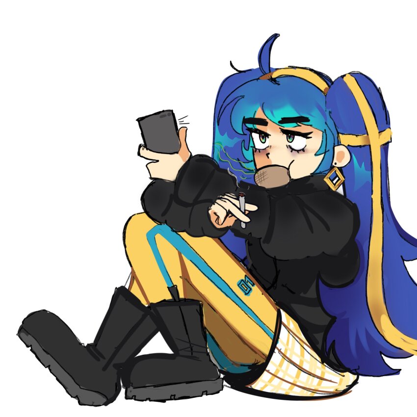 1girl ahoge aqua_eyes aqua_trim arm_rest bags_under_eyes batshatcrazy_(stunseedhob) black_boots black_jacket blue_hair boots cellphone cheek_bulge cigar cigarette clothes_writing combat_boots commentary crossed_wrists down_jacket earrings eating english_commentary eyelashes flag_print food_in_mouth full_body gold_earrings hair_ribbon hairband hatsune_miku highres holding holding_cigar holding_phone hoop_earrings jacket jewelry knees_up long_hair long_sleeves looking_ahead looking_at_object looking_at_phone mouth_hold notice_lines on_ground phone plaid_clothes plaid_skirt pleated_skirt rectangular_earrings ribbon simple_background single_vertical_stripe sitting sketch skirt smartphone smoke smoking solo sweden swedish_flag swedish_flag_print thick_eyebrows upturned_eyes very_long_hair vocaloid white_background white_skirt worldwide_miku yellow_hairband yellow_leggings yellow_ribbon yellow_skirt