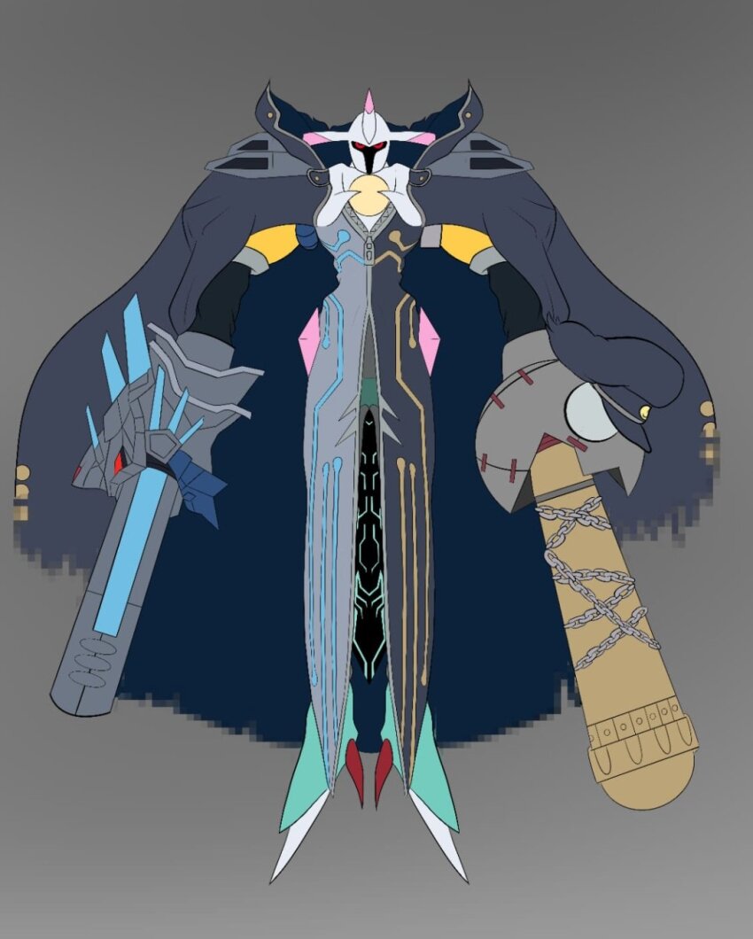 banchomamemon cannon cape chain chaosmon corruption digimon digimon_(creature) fusion highres metallicdramon oridigi original solo